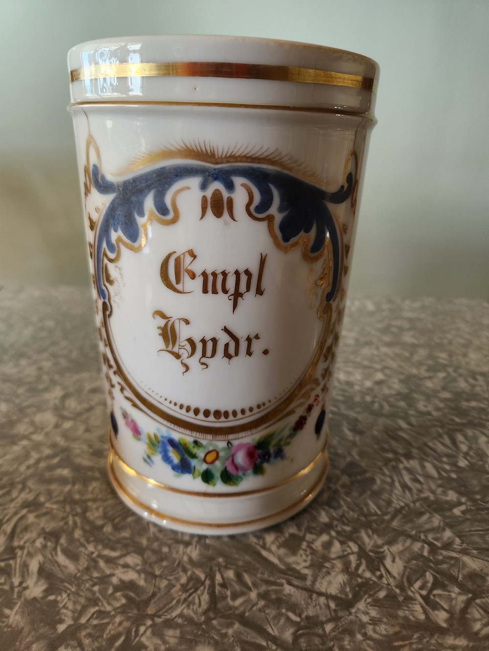 Source Unknown White Porcelain Apothecary Mug with Blue and Gold Accents
